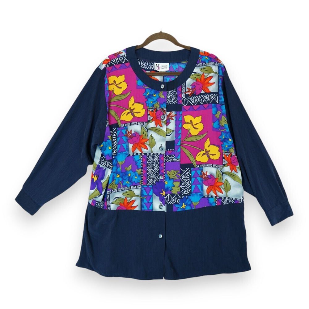 VINTAGE 1990'S MAGGIE SWEET WOMEN'S MULTI-COLOR FLORAL BUTTON DOWN BLOUSE SZ 1X